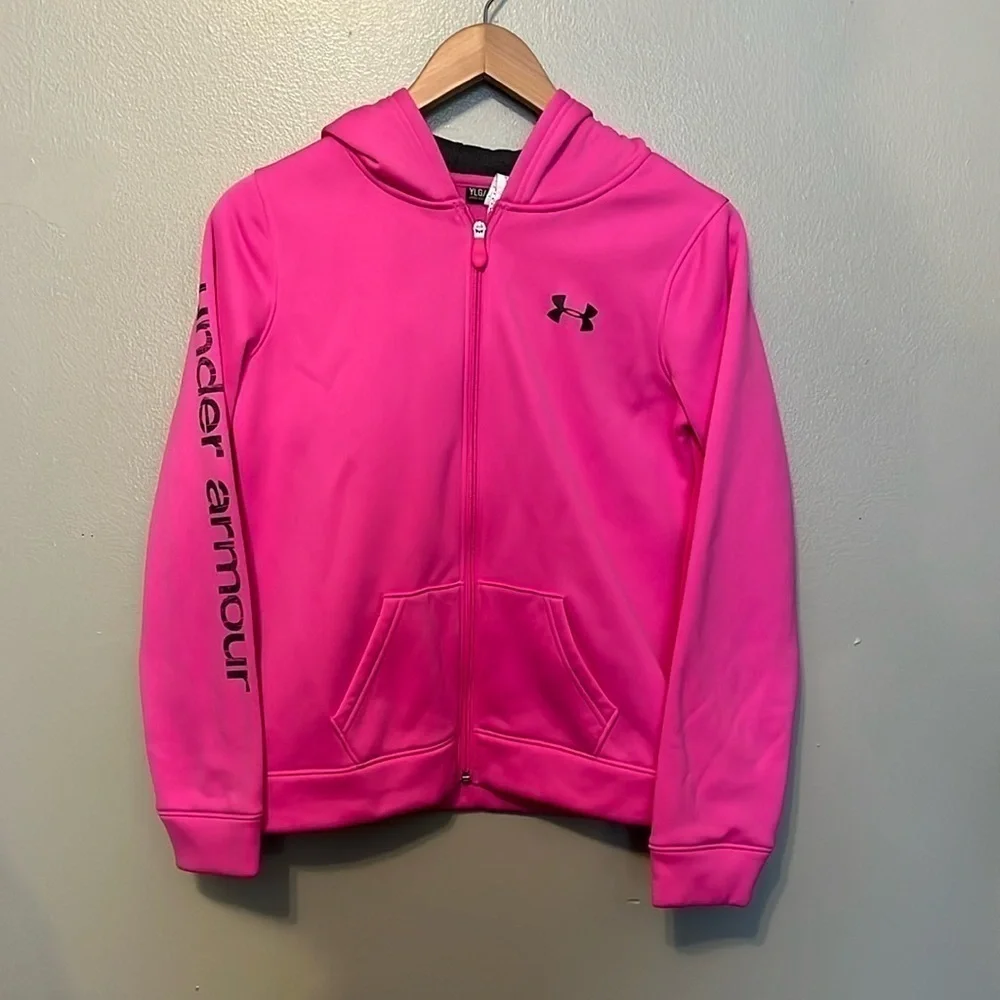 Under Armour Full Zip Jacket with Hood, Loose, Cold Gear, Hot Pink, Youth Large